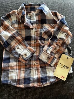 Copper Denim Toddler Plaid Button-Down Shirt in Navy & Brown (2T)